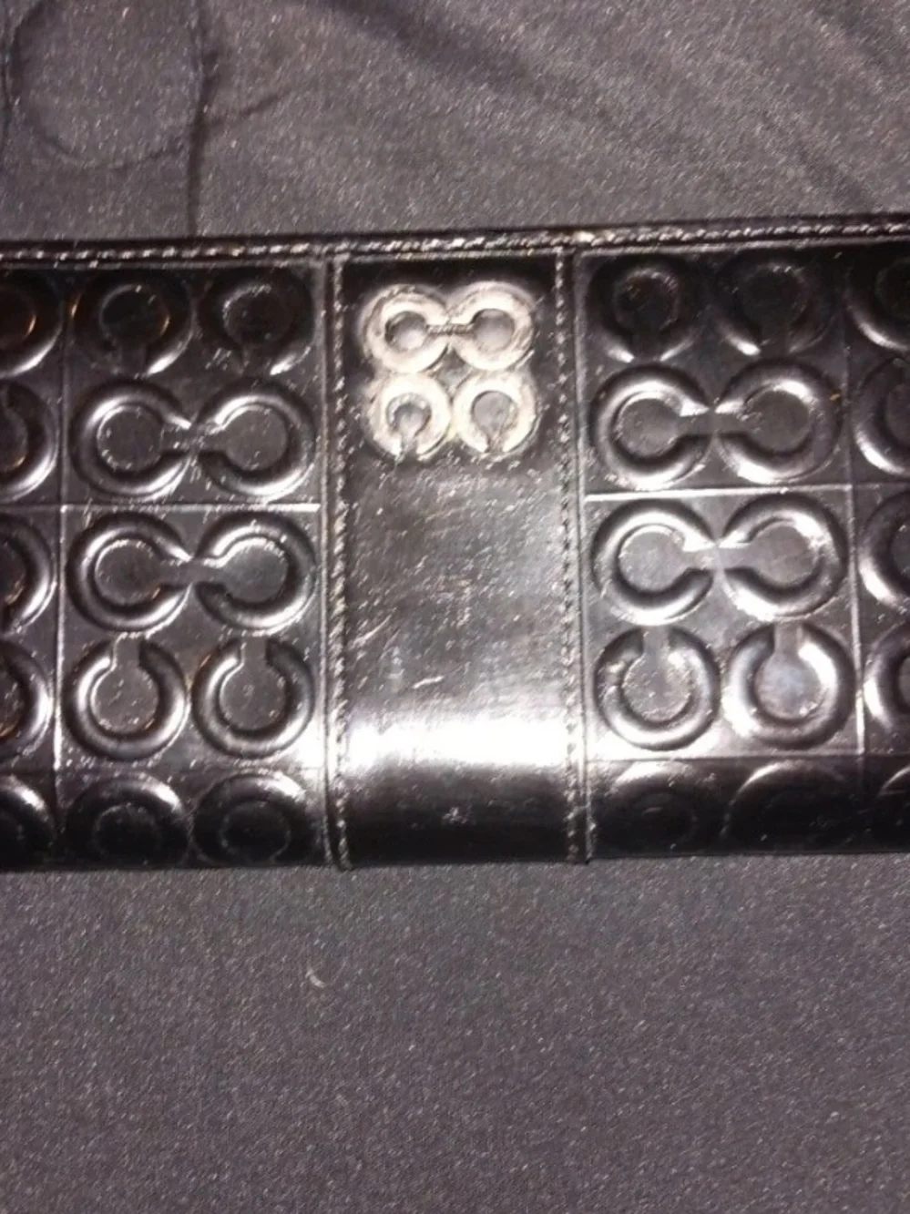 Coacjlh Black Embossed Patent Leather Zip Around Wallet